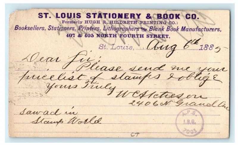 1885 St. Louis Stationary Co. Stamp World Request Lawrence Kansas Postcard 