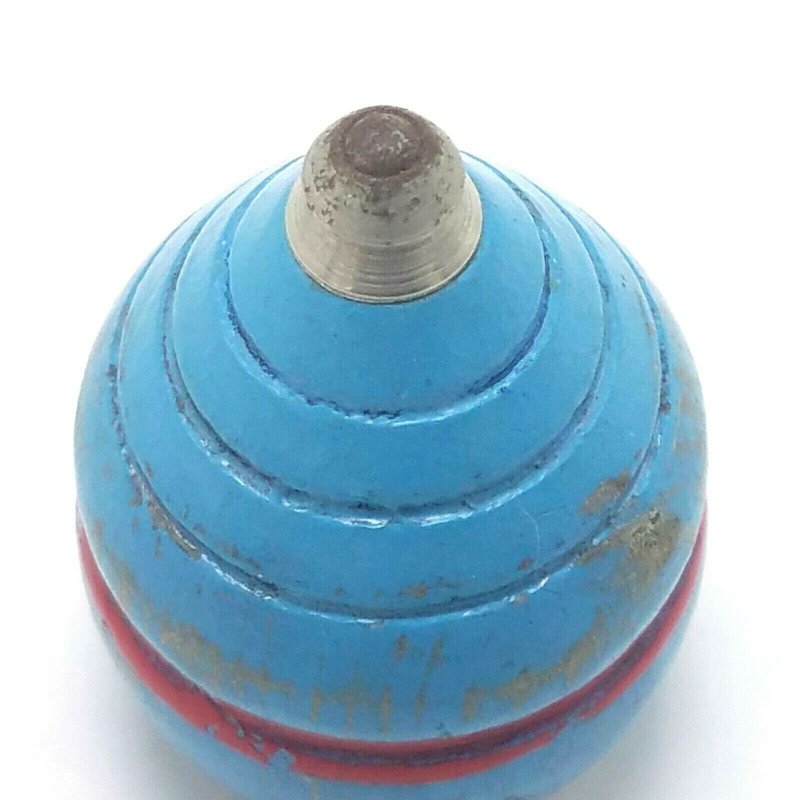 Vintage Wood Spinning Top Metal Tip Original Paint wood Blue w Red Stripe