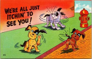 Vtg Linen Comic Postcard We're All Just Itchin To See You Dogs Fleas Funny Humor