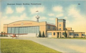 Linen Postcard; Municipal Airport, Reading PA Single Engine Prop Plane in Front