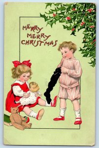 Christmas Postcard Children With Doll Bear Toys Embossed Tuck c1910's Antique