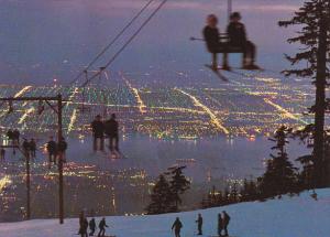 Canada Skier's Night View Of Vancouver From Top Of Grouse Mountain