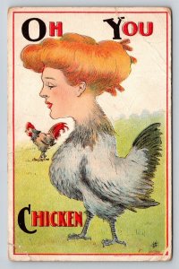 Vintage 1910 Oh You Chicken Metamorphic Postcard Surreal Woman Hen Hybrid