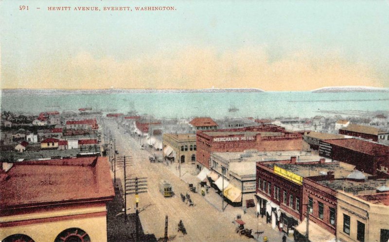 Hewitt Avenue, Everett, Washington Street Scene ca 1910s Vintage Postcard
