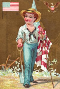 American Flag Boy Eagle Shield Plow Spade Patriotic Trade Card