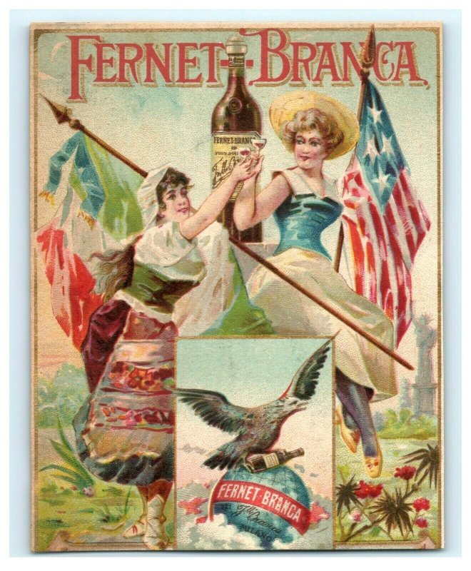 1870s-80s Fernet-Branca Italian Bitters Milan Alcohol Lovely Ladies Flags P219