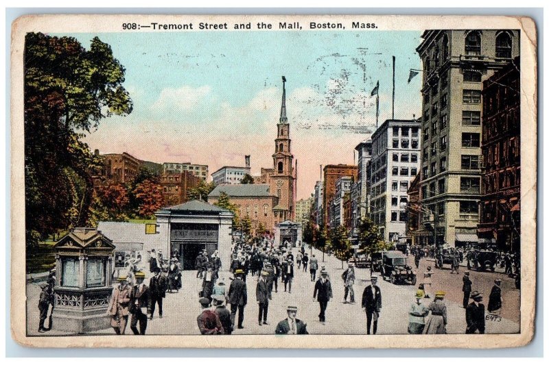 Boston Massachusetts MA Postcard Tremont Street & The Mall Business Section 1920