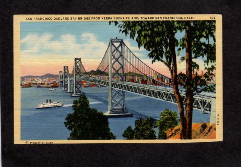 CA San Francisco Oakland Bridge Buena Island California Linen Postcard