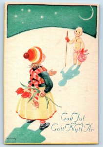 Signed Artist Postcard Christmas New Year Children Girl With Flowers Sweden