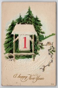 New Year Greeting Snowy Lane Pine Trees 1914 Oncona IL  Postcard L22