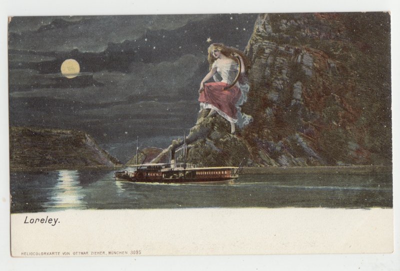 P2539, old postcard germany loreley, full moon river boat etc