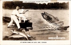 Fishing Linen Postcard Huge Exaggerated Fish Men On Boat Fisherman's Pole  Unused