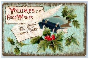 1911 Christmas Books Feather Holly Berries Embossed Posted Antique Postcard 