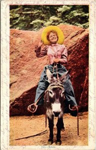 Salute Cowgirl Riding Donkey Postcard UND PM Sutherland North Platte NB 1907