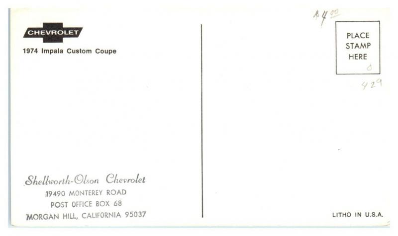 1974 Chevrolet Impala Custom Coupe Postcard *5C