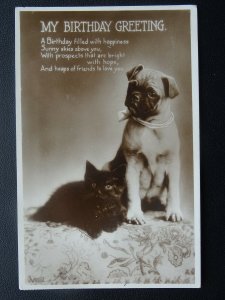 CAT & DOGGIE Birthday Greetings c1930s RP Postcard