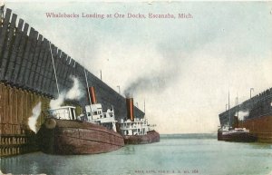 Postcard Whalebacks Loading Ore at Docks Escanaba MI Cargo Streamship Delta Co