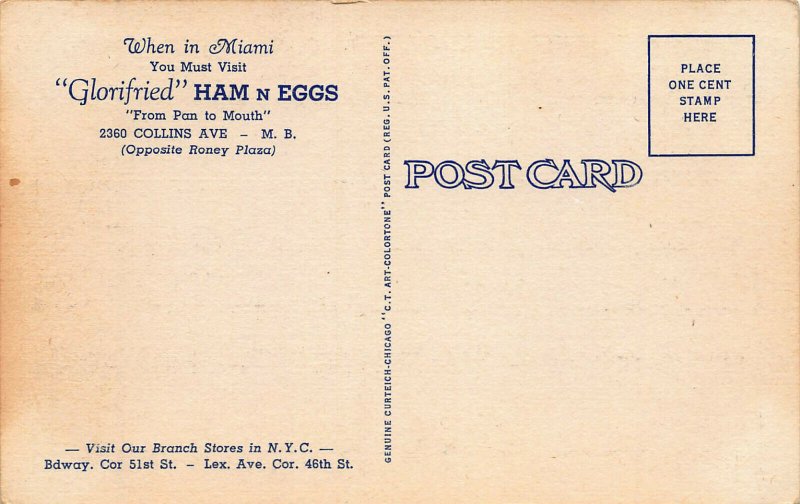 Glorified Ham and Eggs, Miami Beach, Florida, Early Linen Postcard, Unused