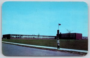 Long Island New York~Levittown~Abbey Lane School St View~Kid~Flag~1950s Postcard