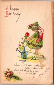 Birthday Postcard Little Girl Green Dress and Hat Gardening Flowers Roses