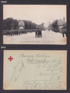 FRANCE 1918, Postcard WWI, Red Cross, American Troops in Parade