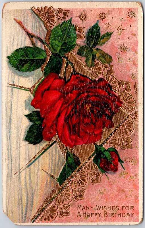 1911 Red Rose Flower Embossed Greetings & Wishes Posted Postcard