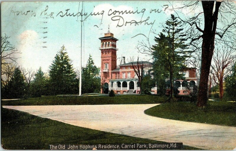 Old John Hopkins Residence Carrel Park Baltimore Maryland Cancel 1908 Postcard 