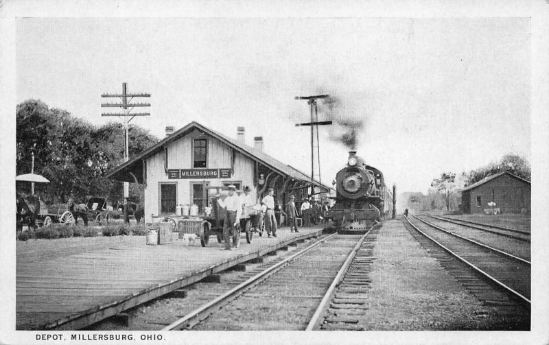 Millersburg OH Busy Scene Railroad Station Train Depot Postcard