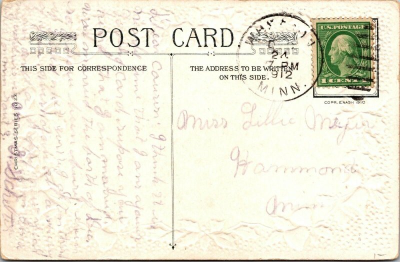 VTG 1910's Farm House Winter Scene Bells Holly Leaves Christmas Wishes Postcard