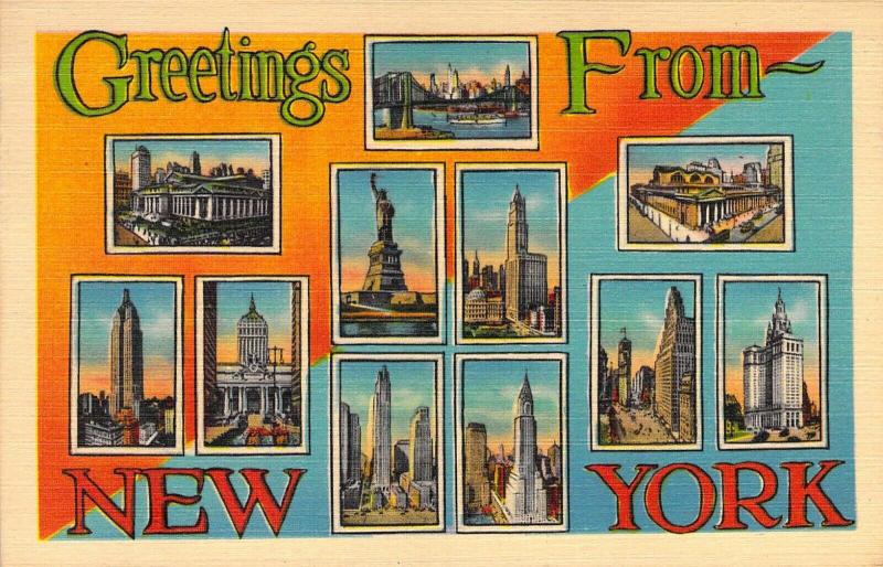 Linen Era,Large Letter,Greetings from,New York, Old Postcard 