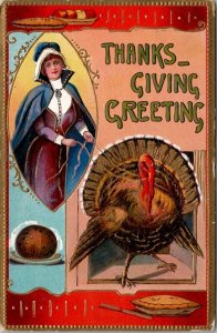 Thanksgiving Greetings Beautiful Pilgrim Turkey Gilded 1911 Ohio Postcard W16
