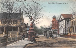 Long Island New York Greenport, Main Street, Color Lithograph Vintage PC U10171