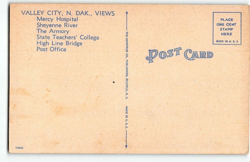 VALLEY CITY, NORTH DAKOTA Large Letter Linen Postcard c1940 - Mercy Hospital