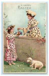 c1910 Girl Woman Holding Easter Basket Egg Glitter Sheep Posted Antique Postcard