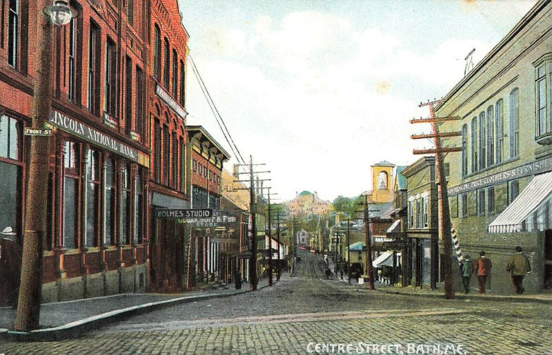 Bath ME Centre Street Lincoln National Bank Storefronts Postcard