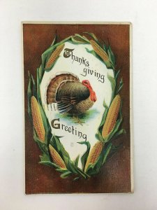 c. 1913 Thanksgiving Greeting Postcard Turkey Corn