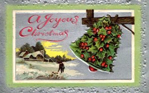 A Joyous Christmas - House by Lake in Snow - Holly Bell  - Embossed -1912