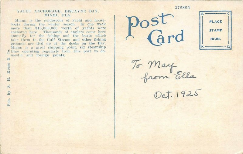 Miami Florida 1925 Postcard Harbor Scene Biscayne Bay Boats