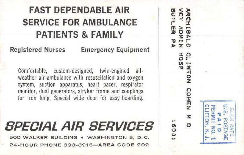 Washington DC Special Air Services Airplane Ambulance Nurse Postcard AA11613