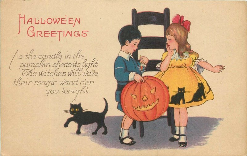 Stecher Halloween Postcard 1239-D Girl in Black Cat Dress, Boy w/ Jack o Lantern