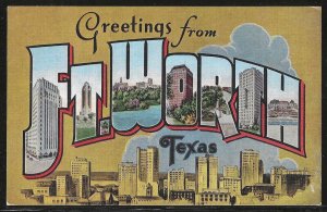 Large Letter: Greetings From Fort Worth, Texas, Early Linen Postcard, Unused