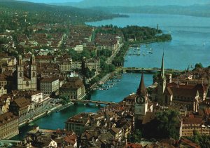 Vintage Postcard River Zurich Switzerland Flugaufnahme Swissair Photo AG