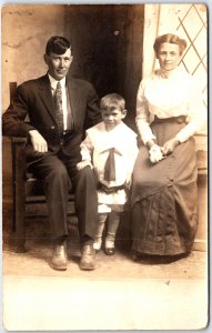 Woman Formal Blouse with Man in Suit and Child Portrait - Vintage Postcard