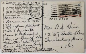 Springfield Illinois State Capitol 1973 to Chambersburg Pa Postcard E16