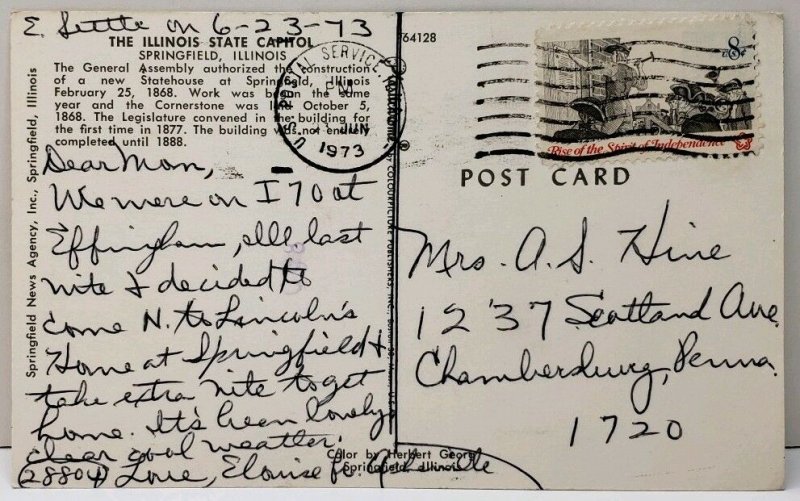 Springfield Illinois State Capitol 1973 to Chambersburg Pa Postcard E16