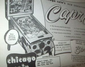 Chicago Coin Capri Pinball FLYER Original NOS 1956 Game Artwork Paper Ephemera