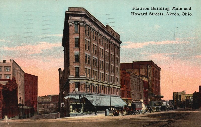 Vintage Postcard 1977 Flatiron Building Main And Howard Street Akron Ohio