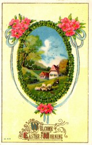 Welcome Easter Morning - Sheep, Shepard, House - Embossed - c1908