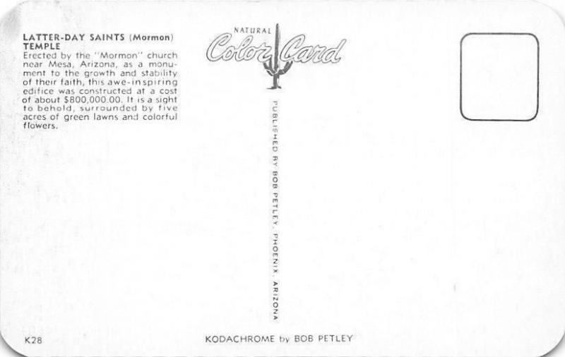 Mesa Arizona~Latter Day Saints Temple~Mormon 1950s Postcard