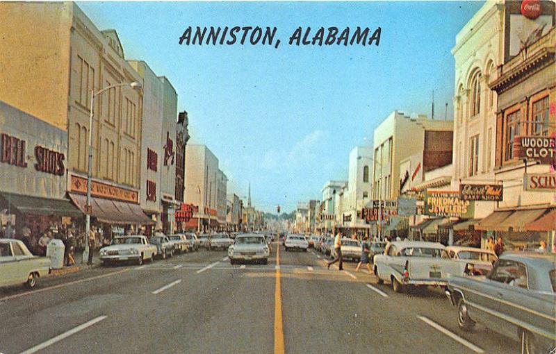 Anniston AL Storefronts Woolworth's Friedman's Jewelers Old Cars Postcard